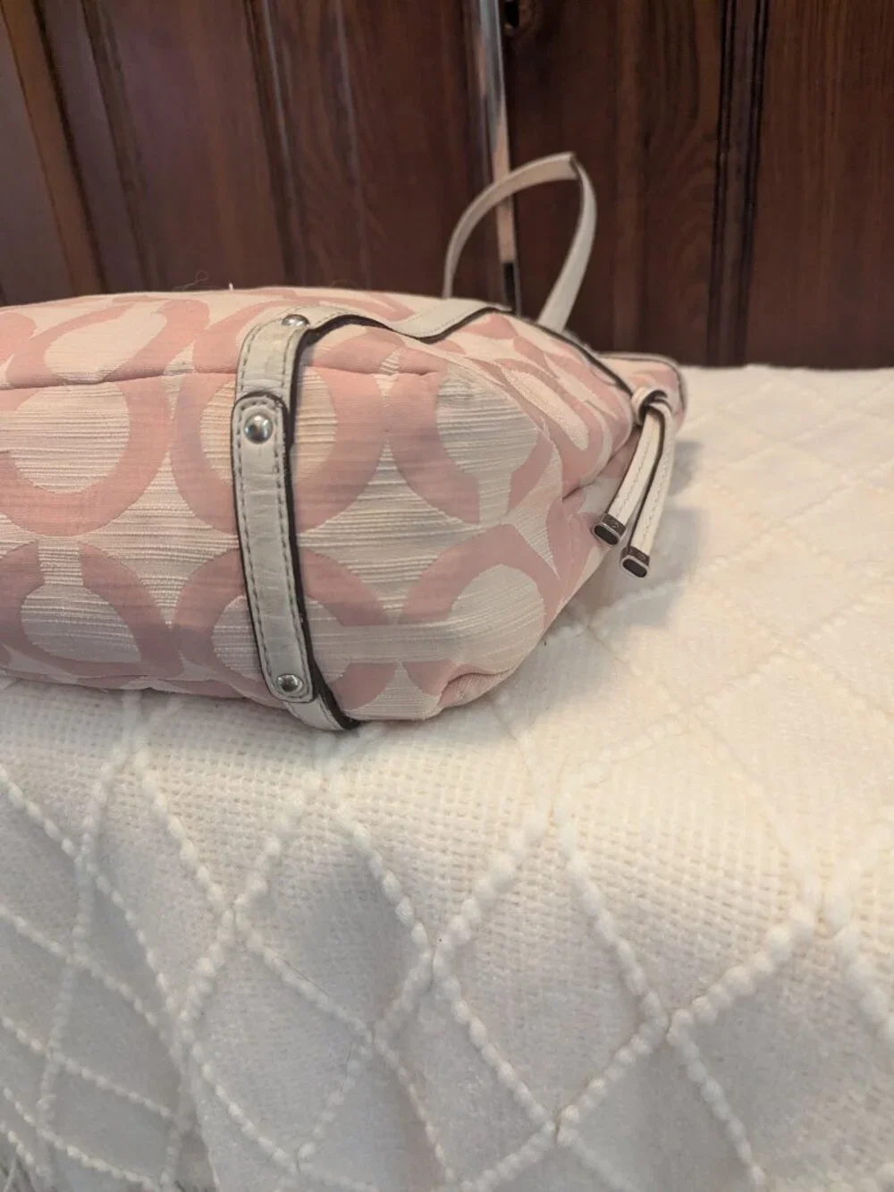 Coach Audrey Op Art Shantung Signature Pink & White Tote Crossbody 19572